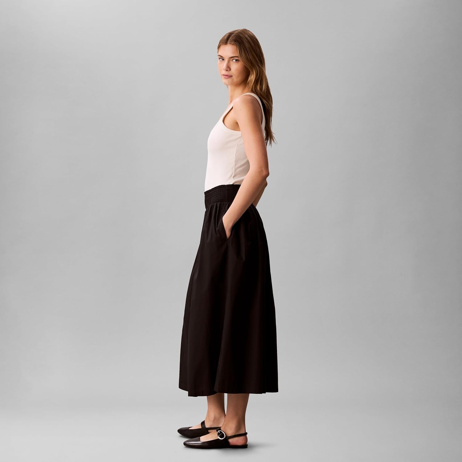 image:imageCalvin Klein Womens Cotton Poplin Smocked Waist Midi SkirtBlack