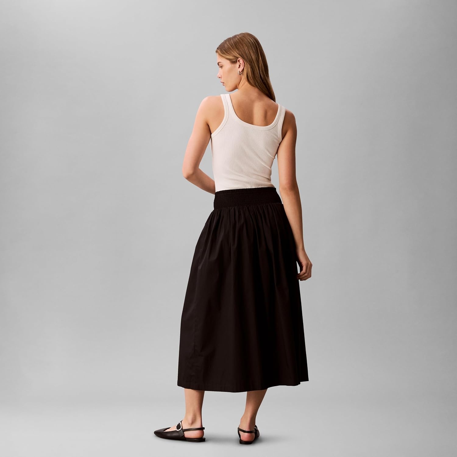 image:imageCalvin Klein Womens Cotton Poplin Smocked Waist Midi SkirtBlack