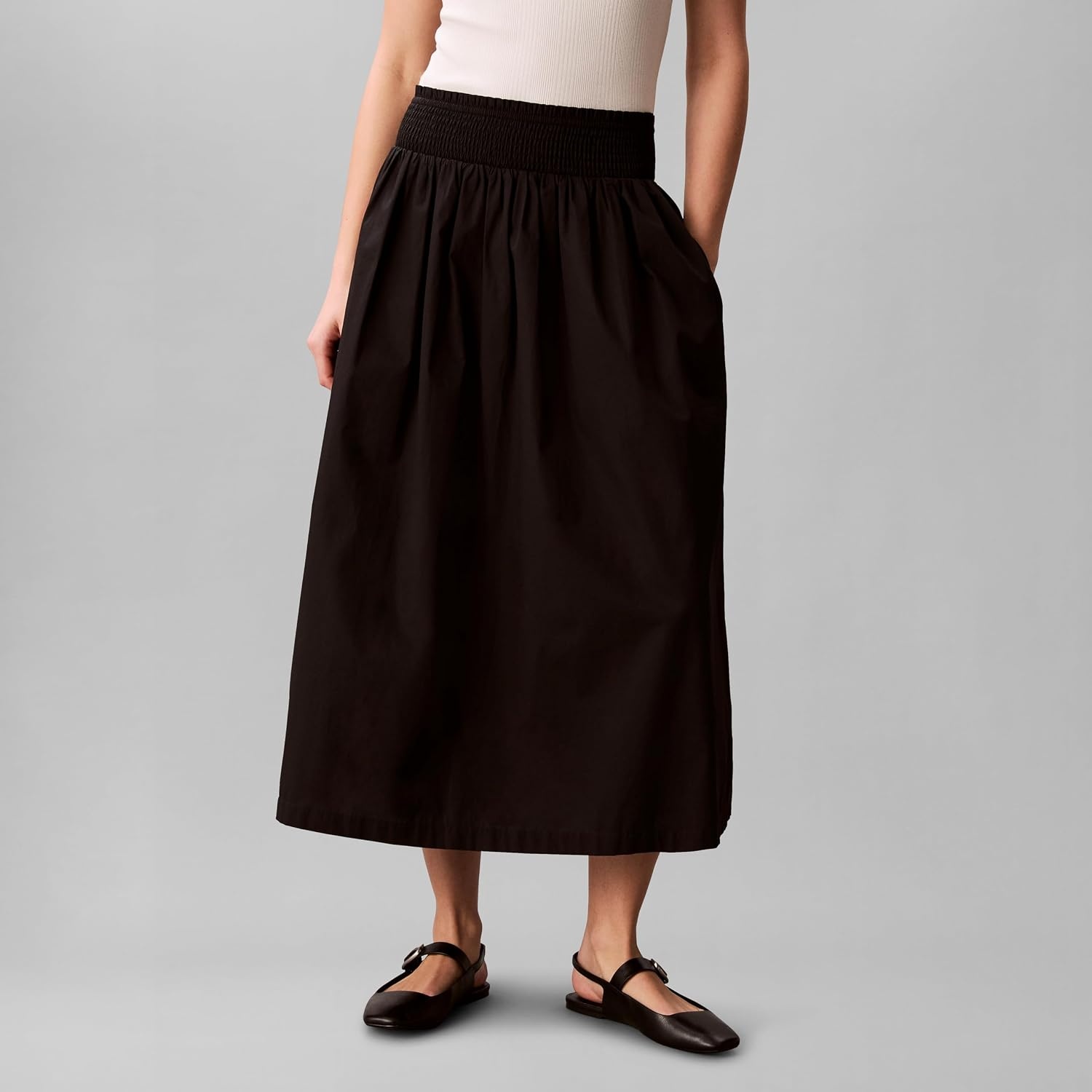 image:imageCalvin Klein Womens Cotton Poplin Smocked Waist Midi SkirtBlack