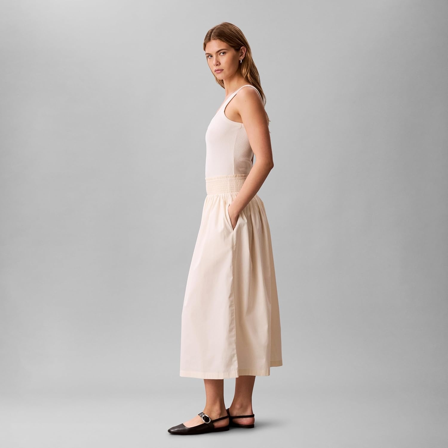 image:imageCalvin Klein Womens Cotton Poplin Smocked Waist Midi SkirtCalico Brown