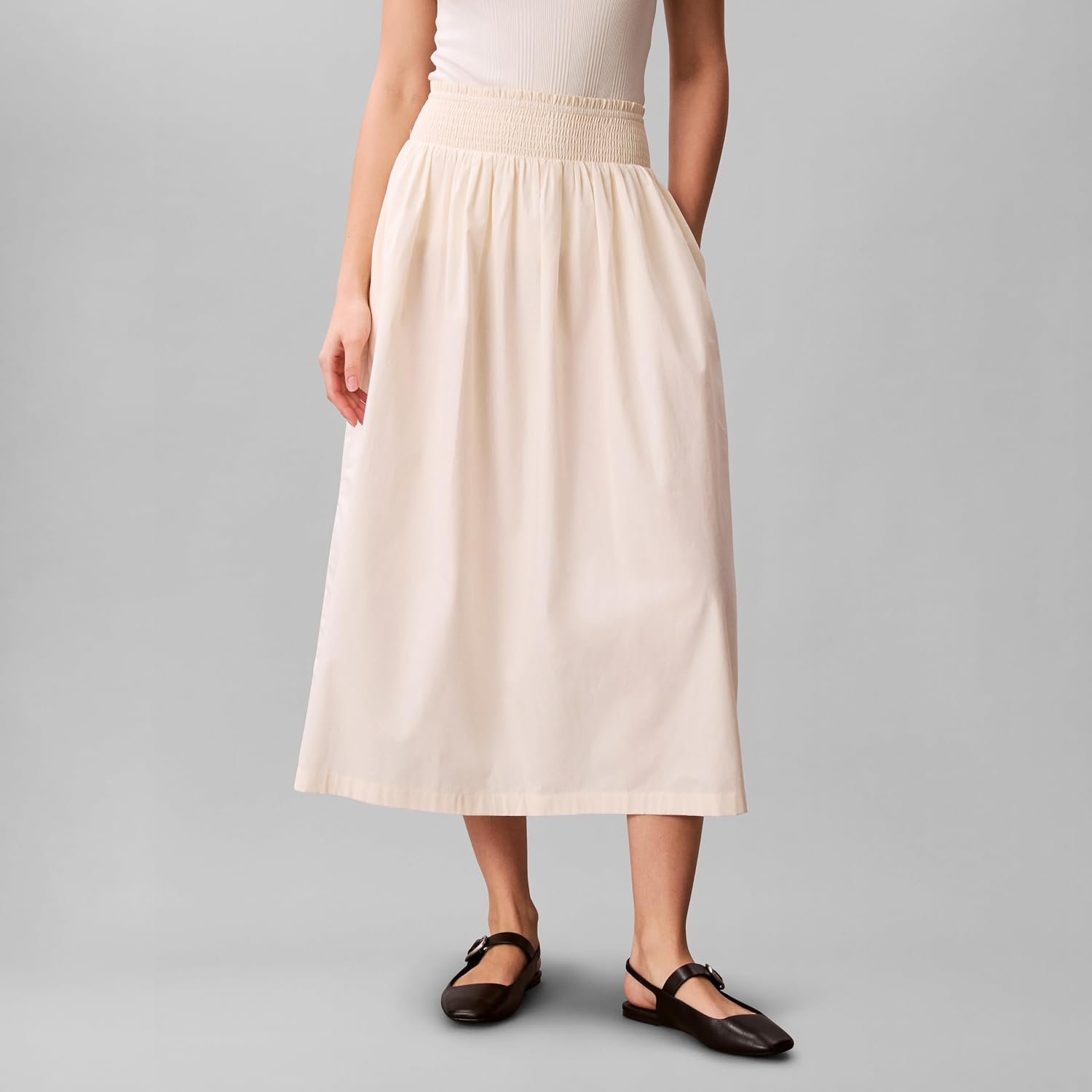 image:imageCalvin Klein Womens Cotton Poplin Smocked Waist Midi SkirtCalico Brown
