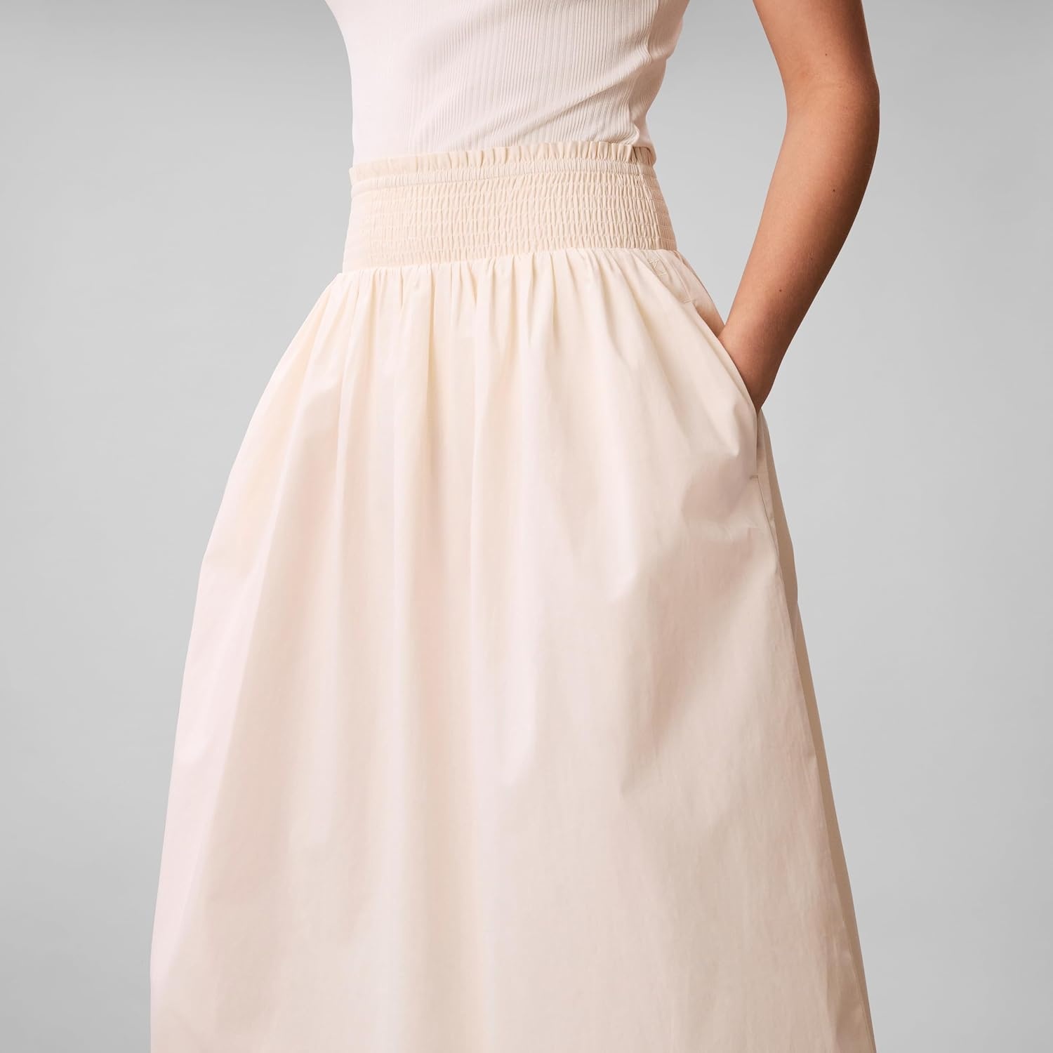 image:imageCalvin Klein Womens Cotton Poplin Smocked Waist Midi SkirtCalico Brown