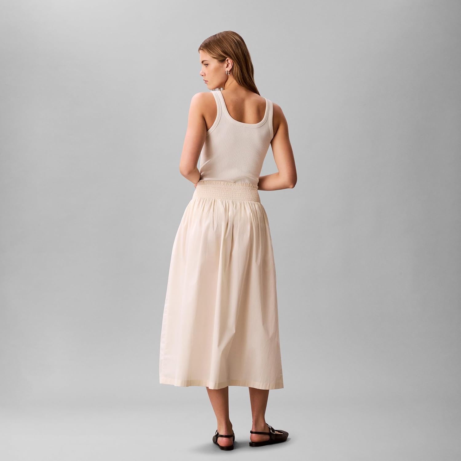 image:imageCalvin Klein Womens Cotton Poplin Smocked Waist Midi SkirtCalico Brown