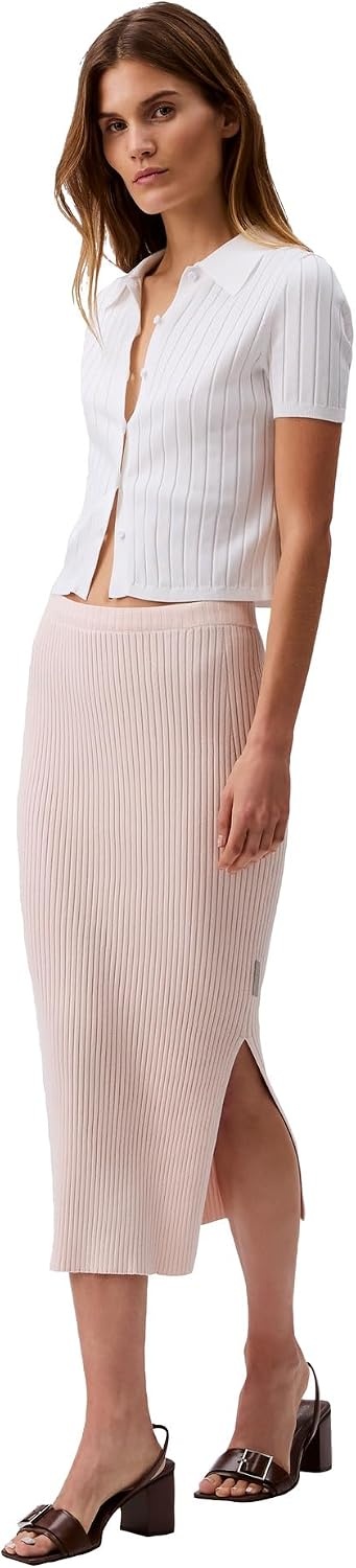 image:imageCalvin Klein Womens Cotton Rib Midi SkirtSilver Peony