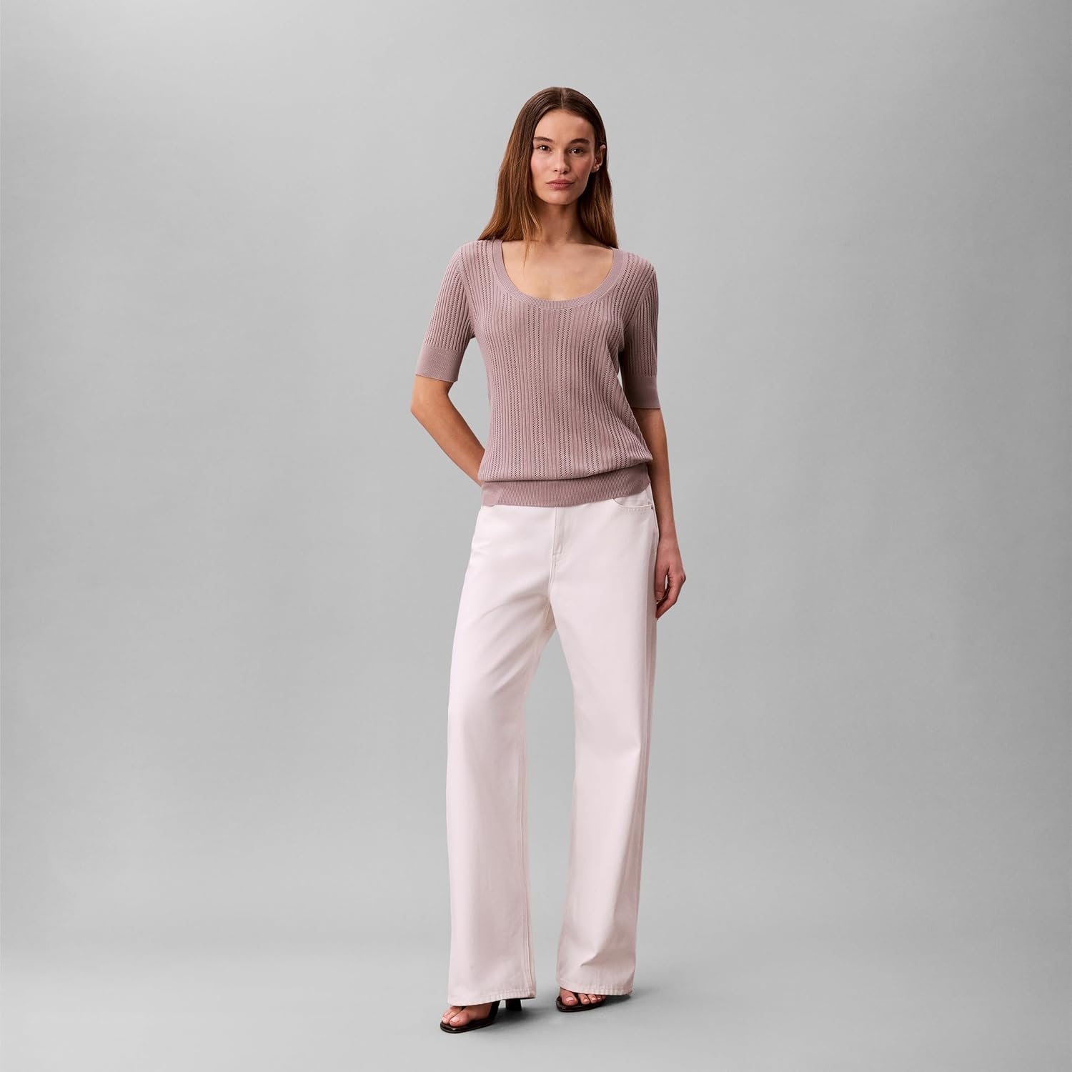 image:imageCalvin Klein Womens Fine Gauge Viscose Pointelle TopDusted Fox
