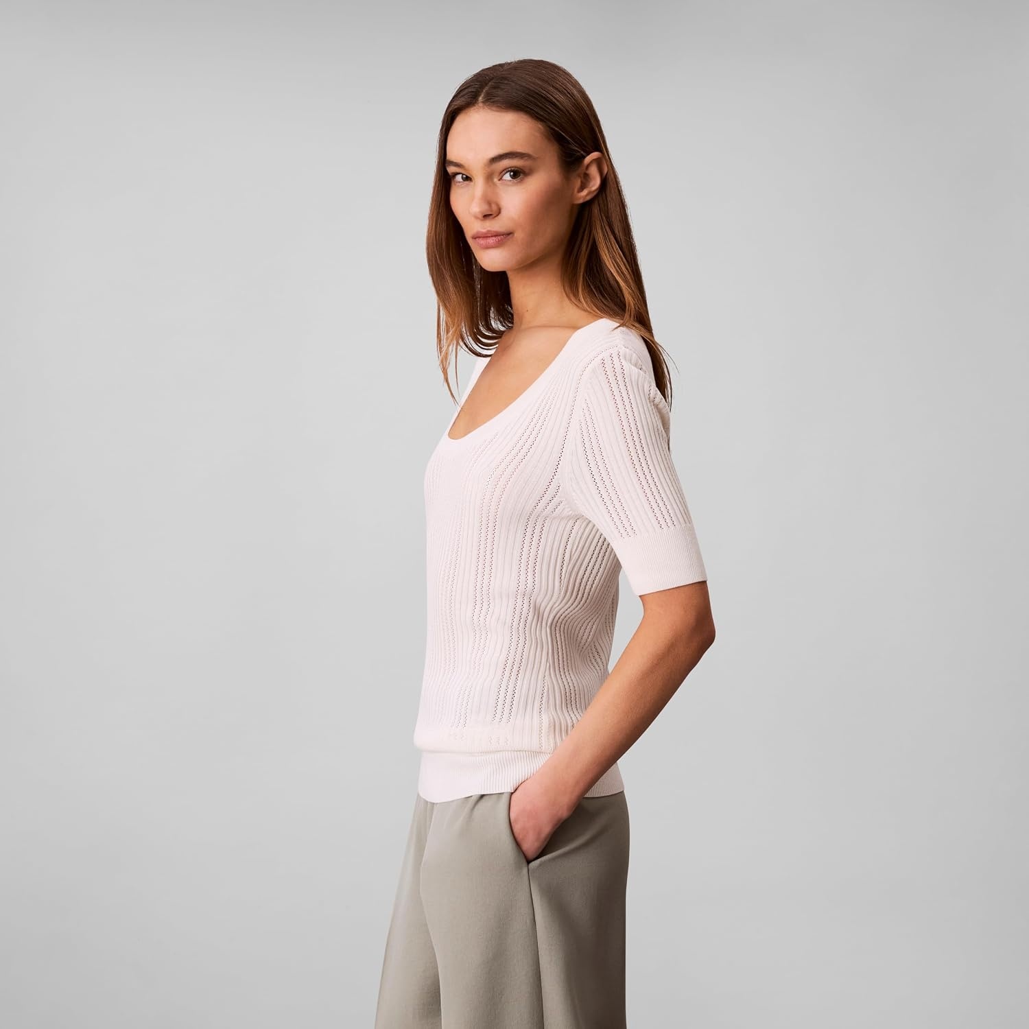 image:imageCalvin Klein Womens Fine Gauge Viscose Pointelle TopTofu