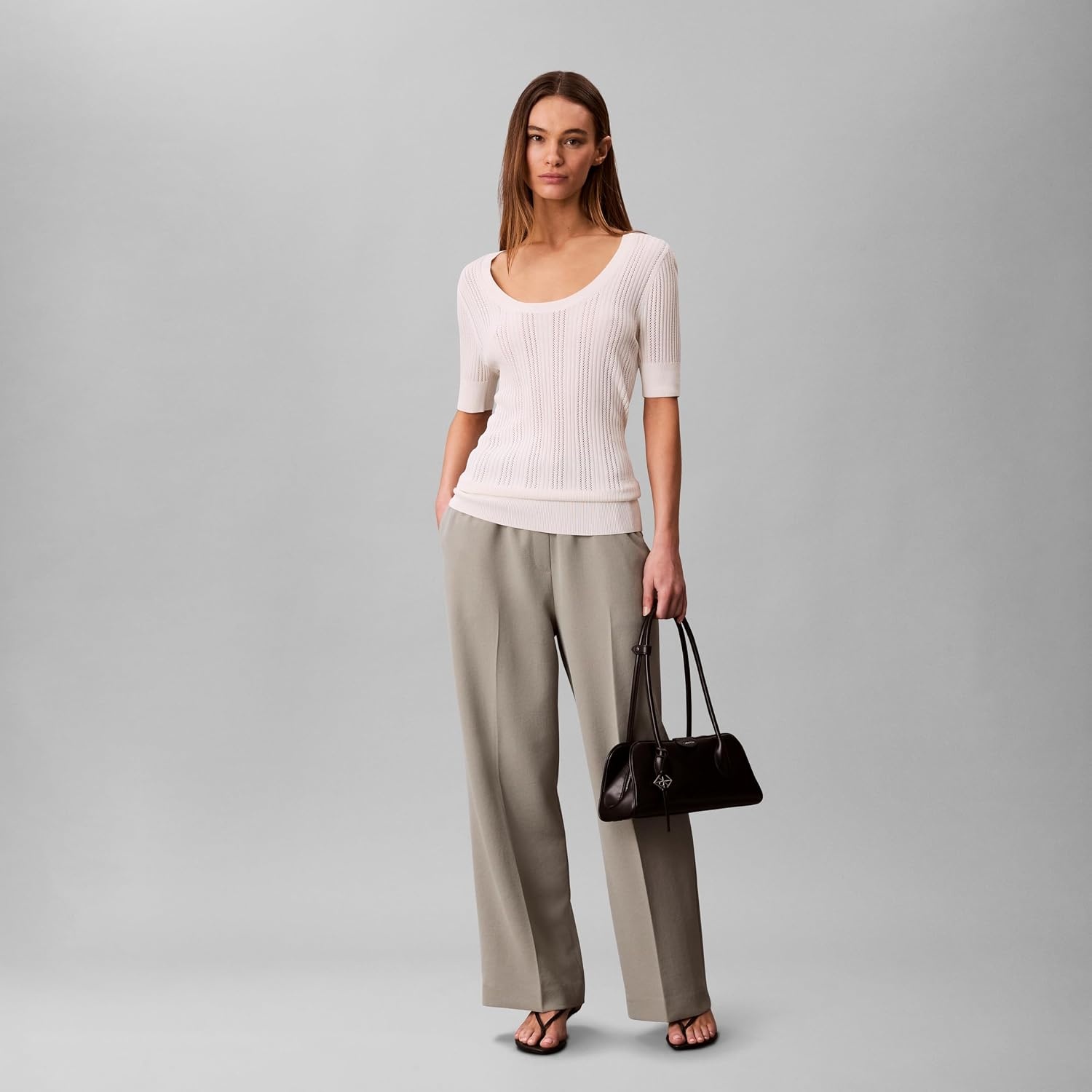 image:imageCalvin Klein Womens Fine Gauge Viscose Pointelle TopTofu
