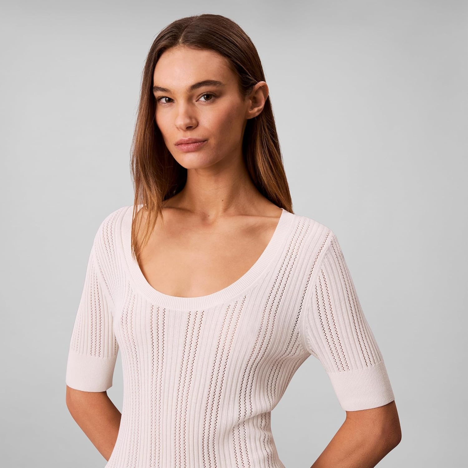 image:imageCalvin Klein Womens Fine Gauge Viscose Pointelle TopTofu