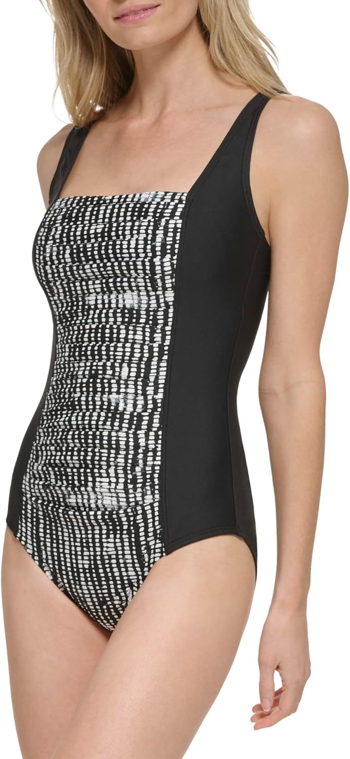 image:imageCalvin Klein Womens Full Coverage Pleated Panel One Piece SwimsuitBlack Multi