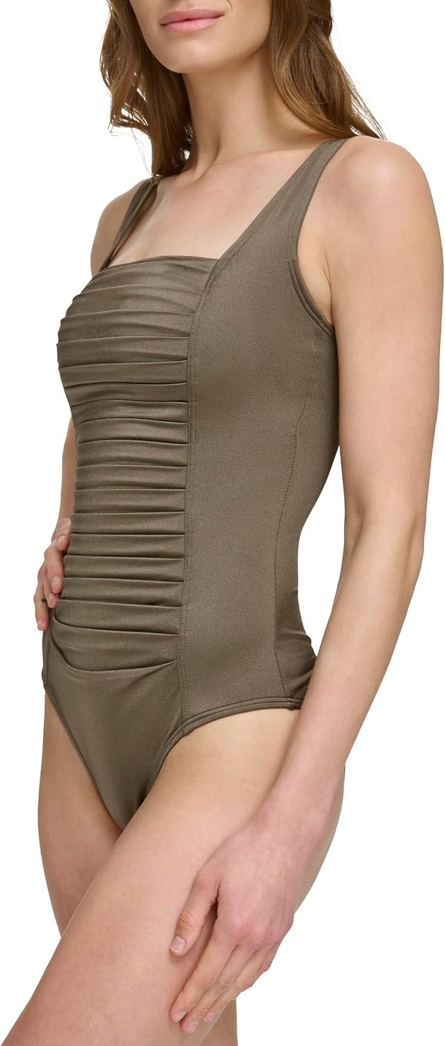 image:imageCalvin Klein Womens Full Coverage Pleated Panel One Piece SwimsuitBronze
