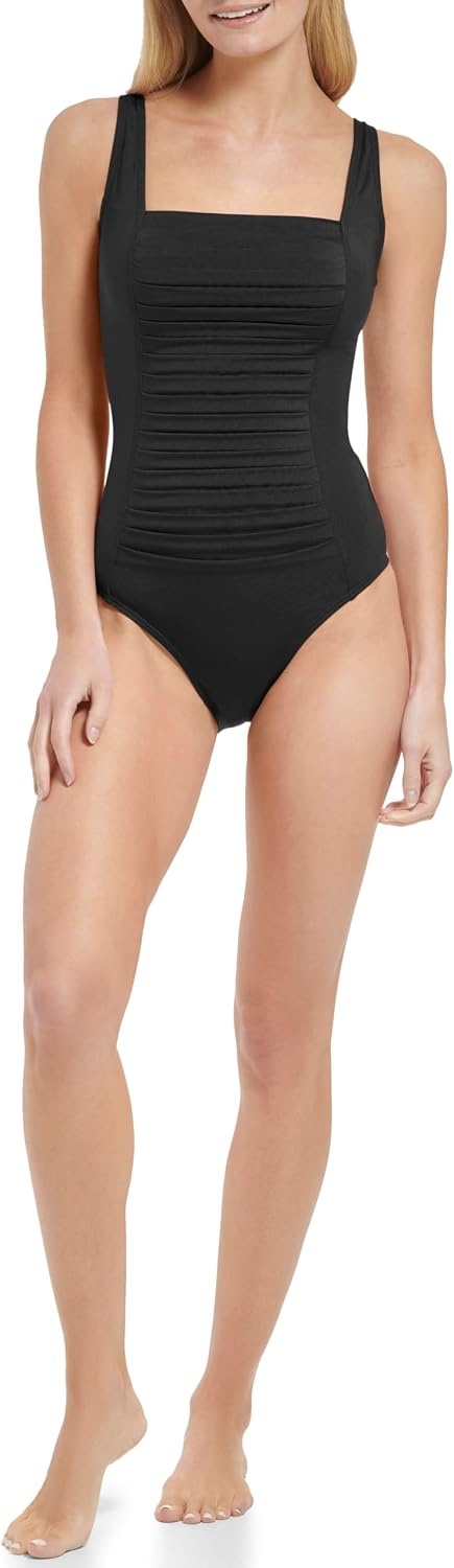 image:imageCalvin Klein Womens Full Coverage Pleated Panel One Piece SwimsuitNew Black