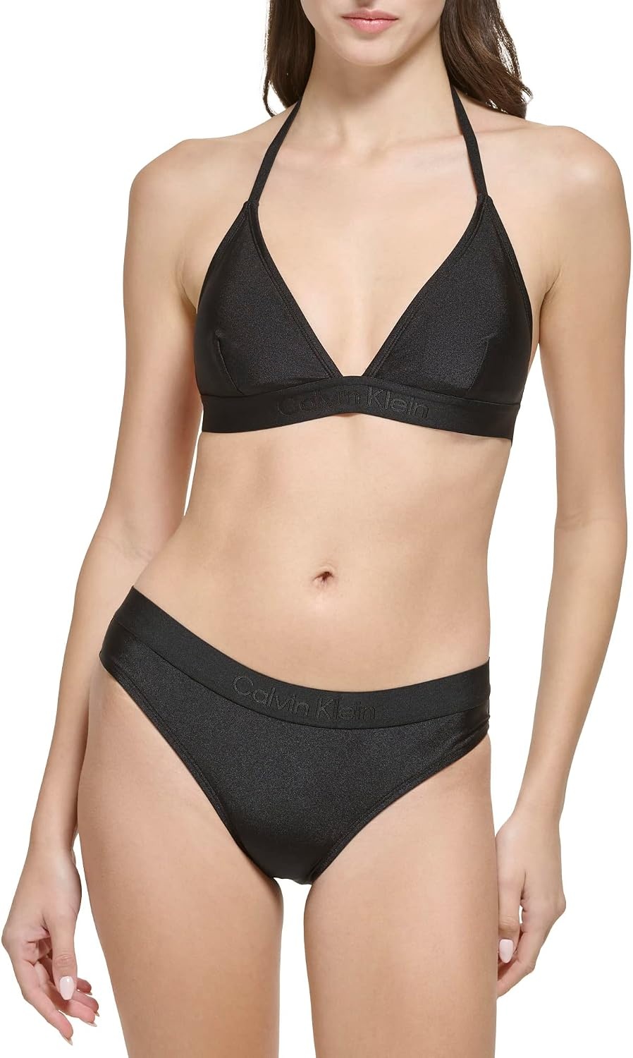 image:imageCalvin Klein Womens Low Waisted Elastic Logo Triangle Bikini SetBlack Shimmer