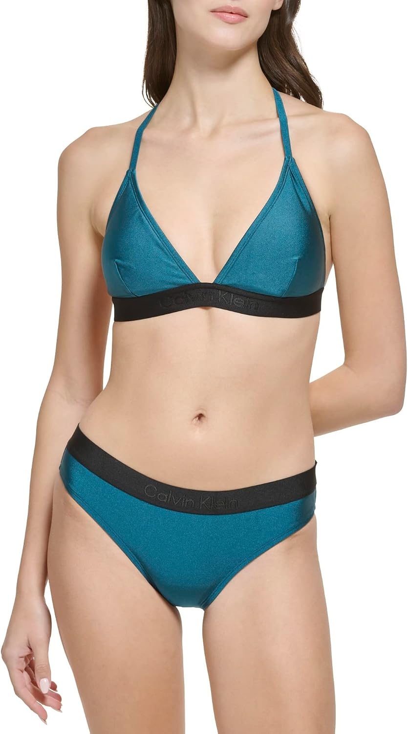 image:imageCalvin Klein Womens Low Waisted Elastic Logo Triangle Bikini SetCypress Shimmer