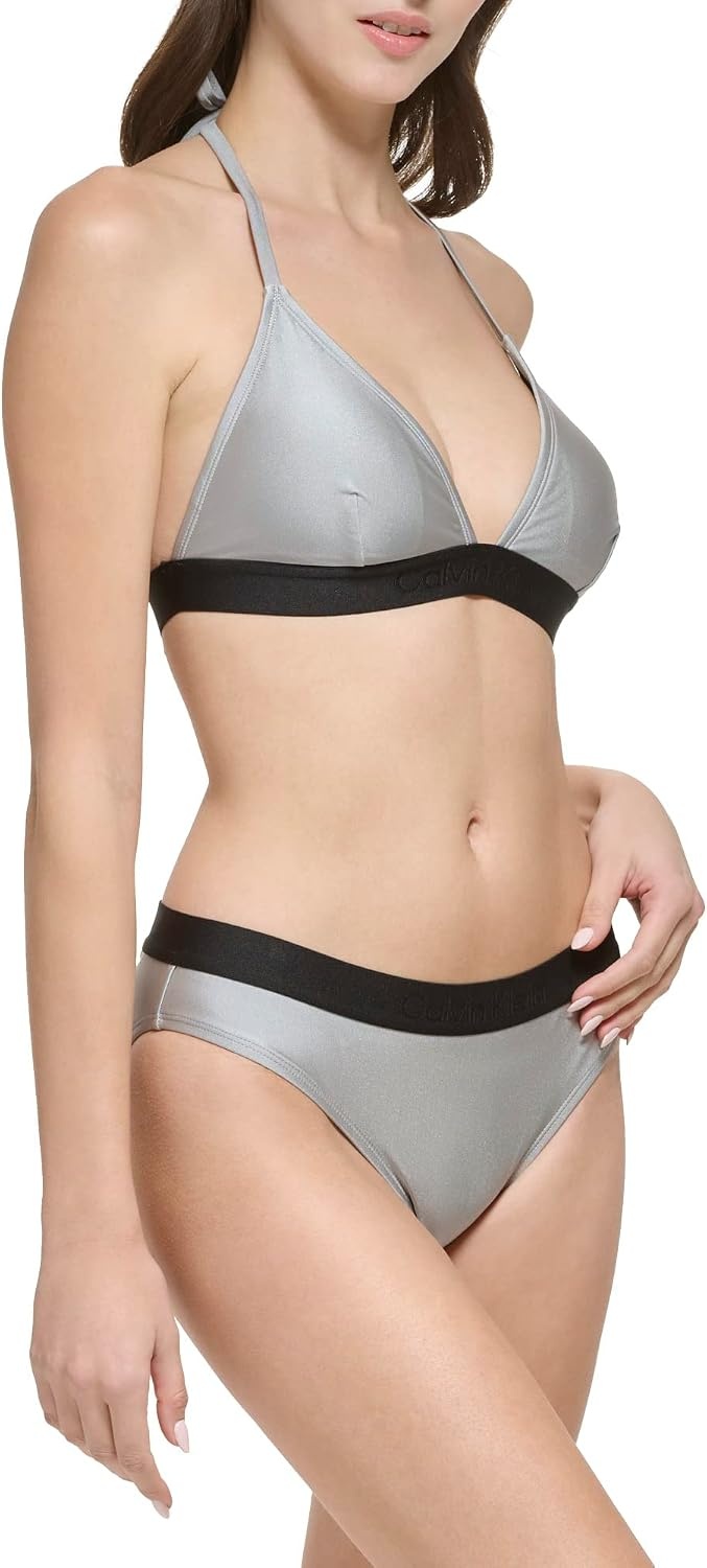 image:imageCalvin Klein Womens Low Waisted Elastic Logo Triangle Bikini SetPlatinum Shimmer