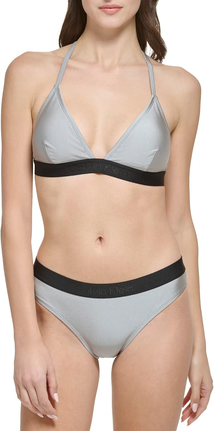 image:imageCalvin Klein Womens Low Waisted Elastic Logo Triangle Bikini SetPlatinum Shimmer