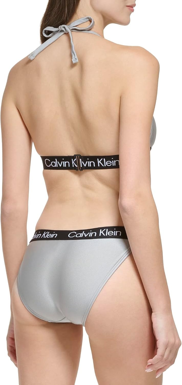 image:imageCalvin Klein Womens Low Waisted Elastic Logo Triangle Bikini SetPlatinum Shimmer Logo