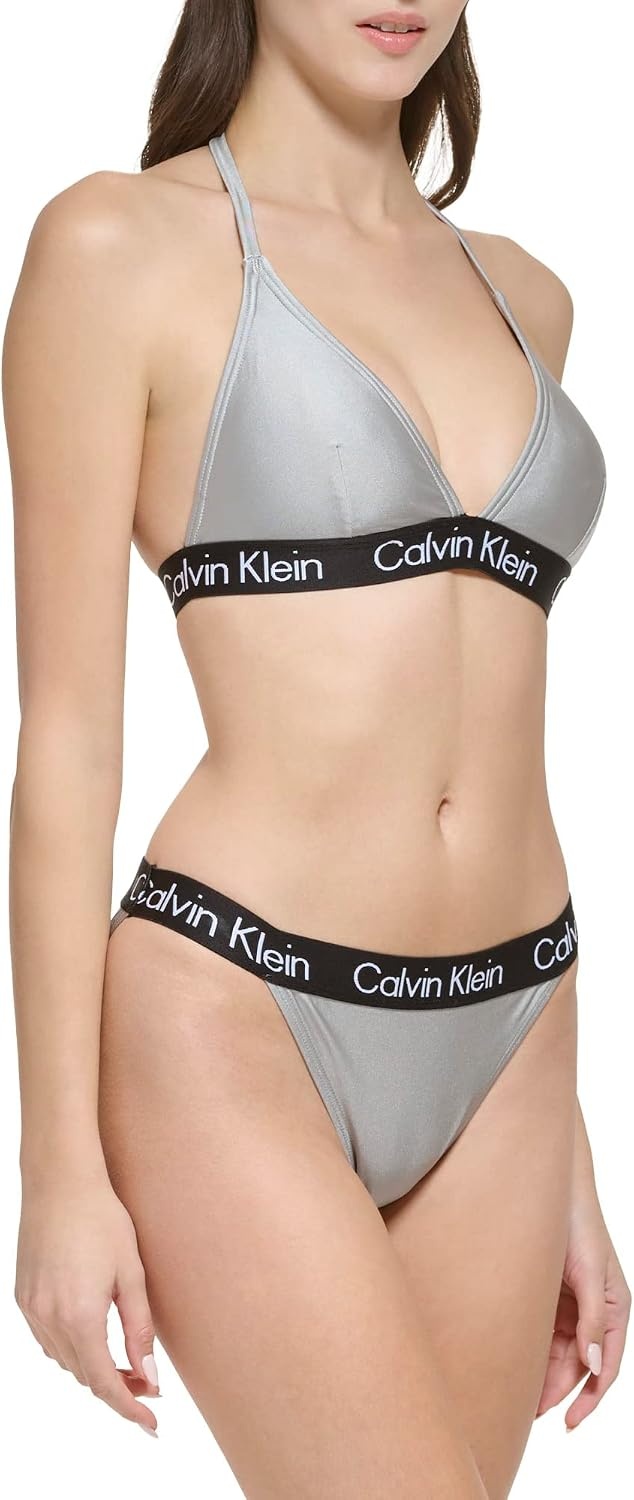 image:imageCalvin Klein Womens Low Waisted Elastic Logo Triangle Bikini SetPlatinum Shimmer Logo