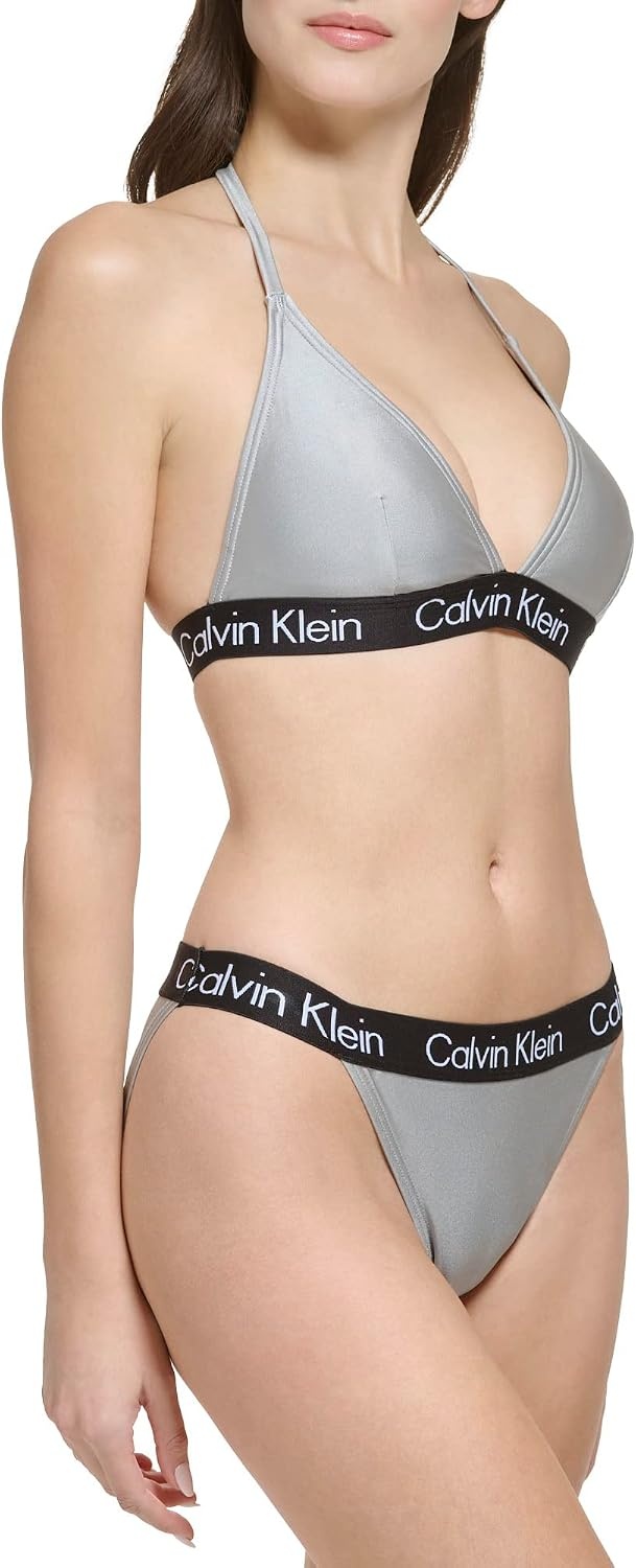 image:imageCalvin Klein Womens Low Waisted Elastic Logo Triangle Bikini SetPlatinum Shimmer Logo