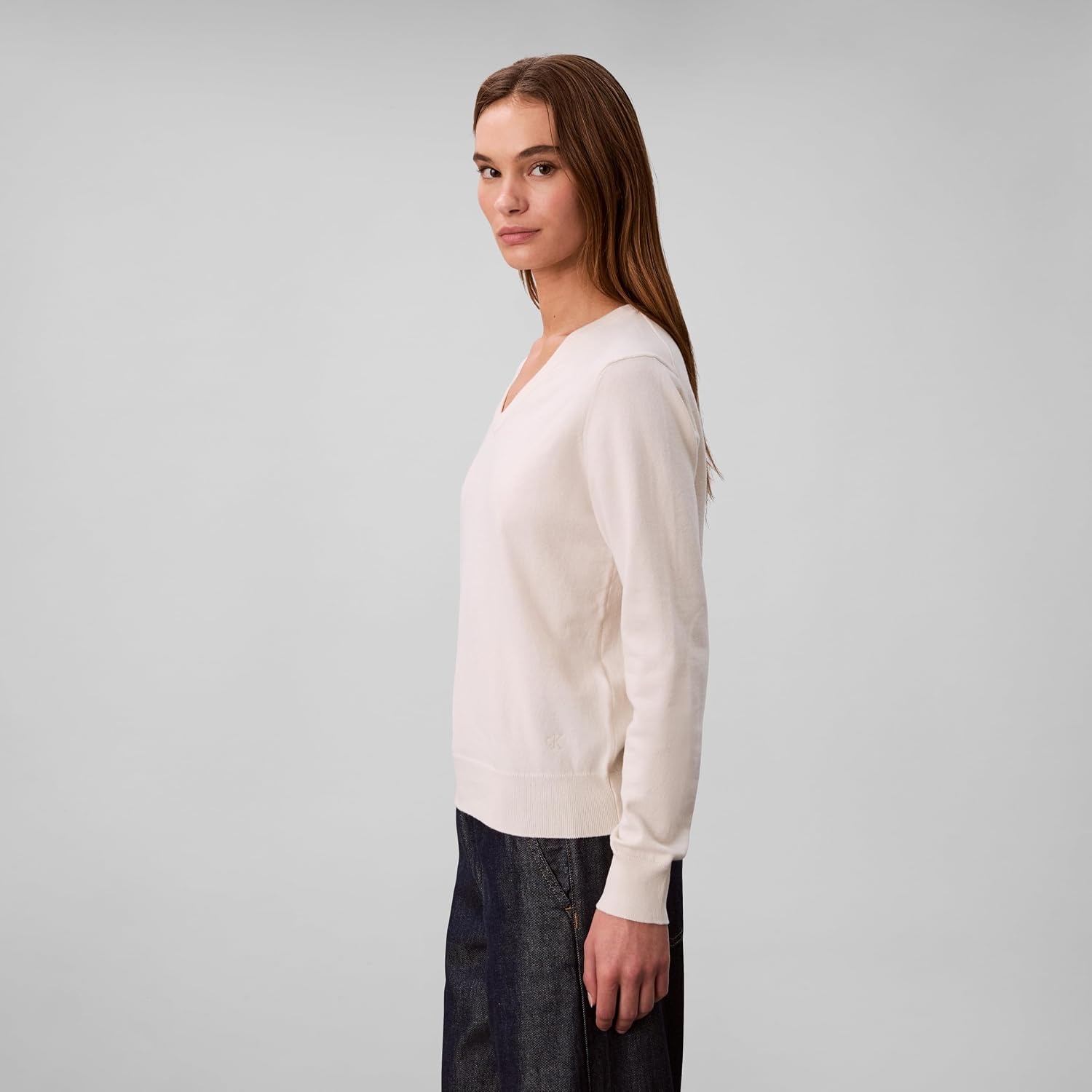 image:imageCalvin Klein Womens Monogram Logo VNeck SweaterChalk