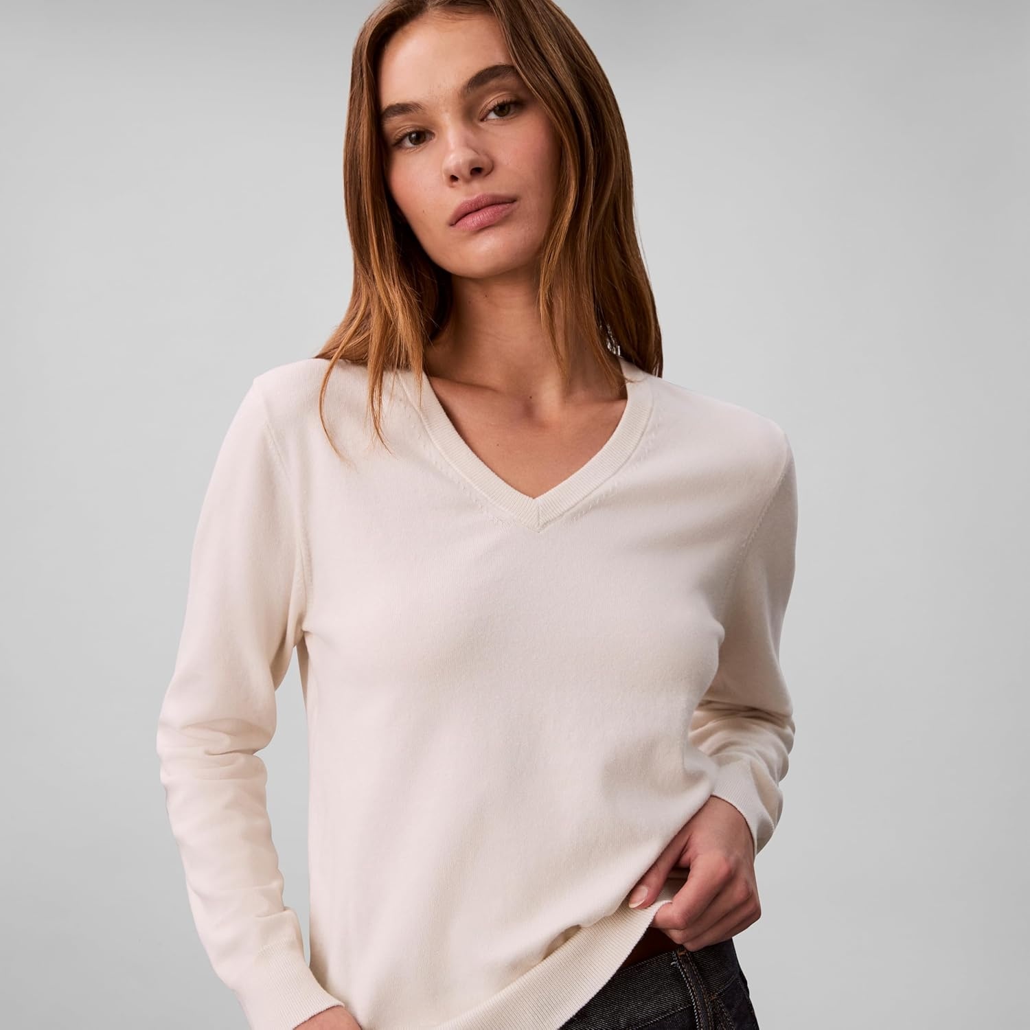 image:imageCalvin Klein Womens Monogram Logo VNeck SweaterChalk