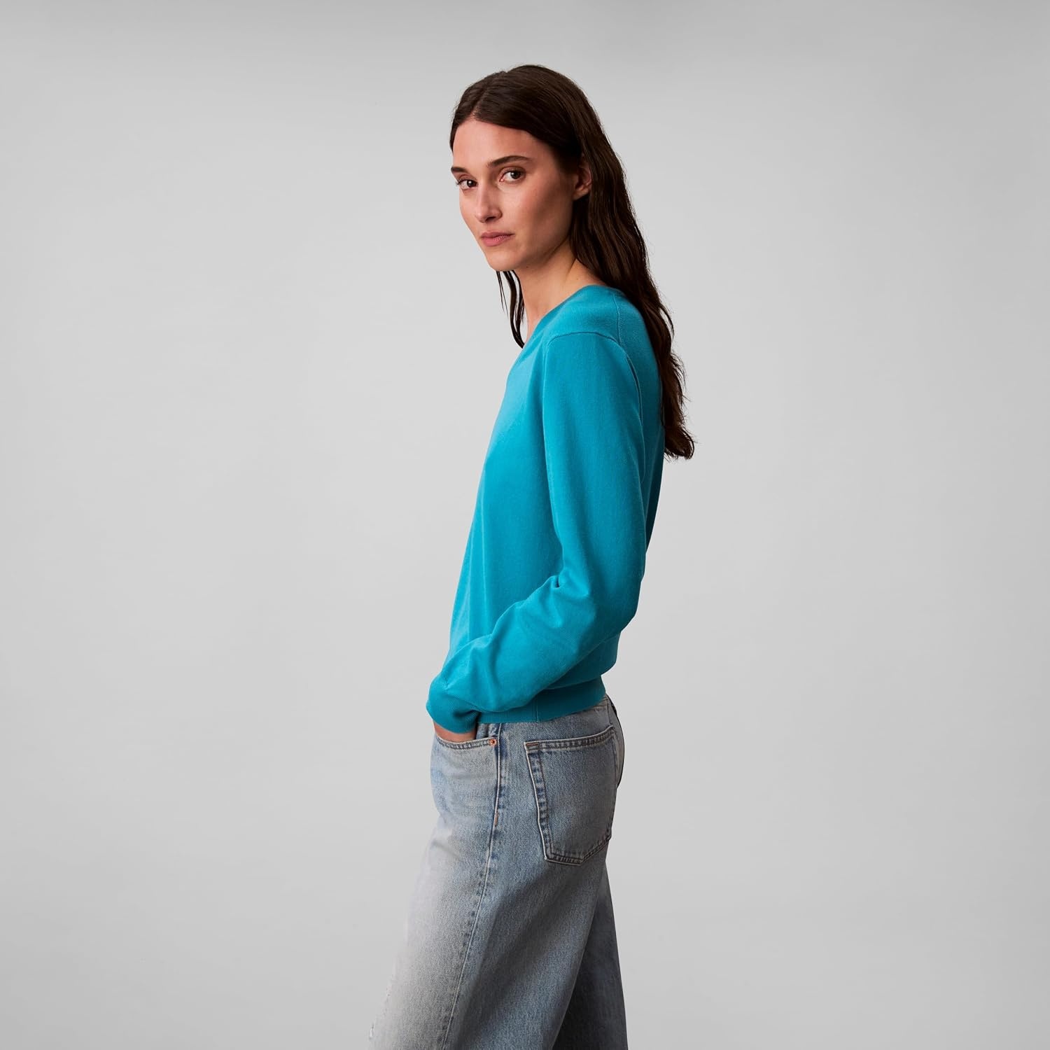 image:imageCalvin Klein Womens Monogram Logo VNeck SweaterTeal Slate