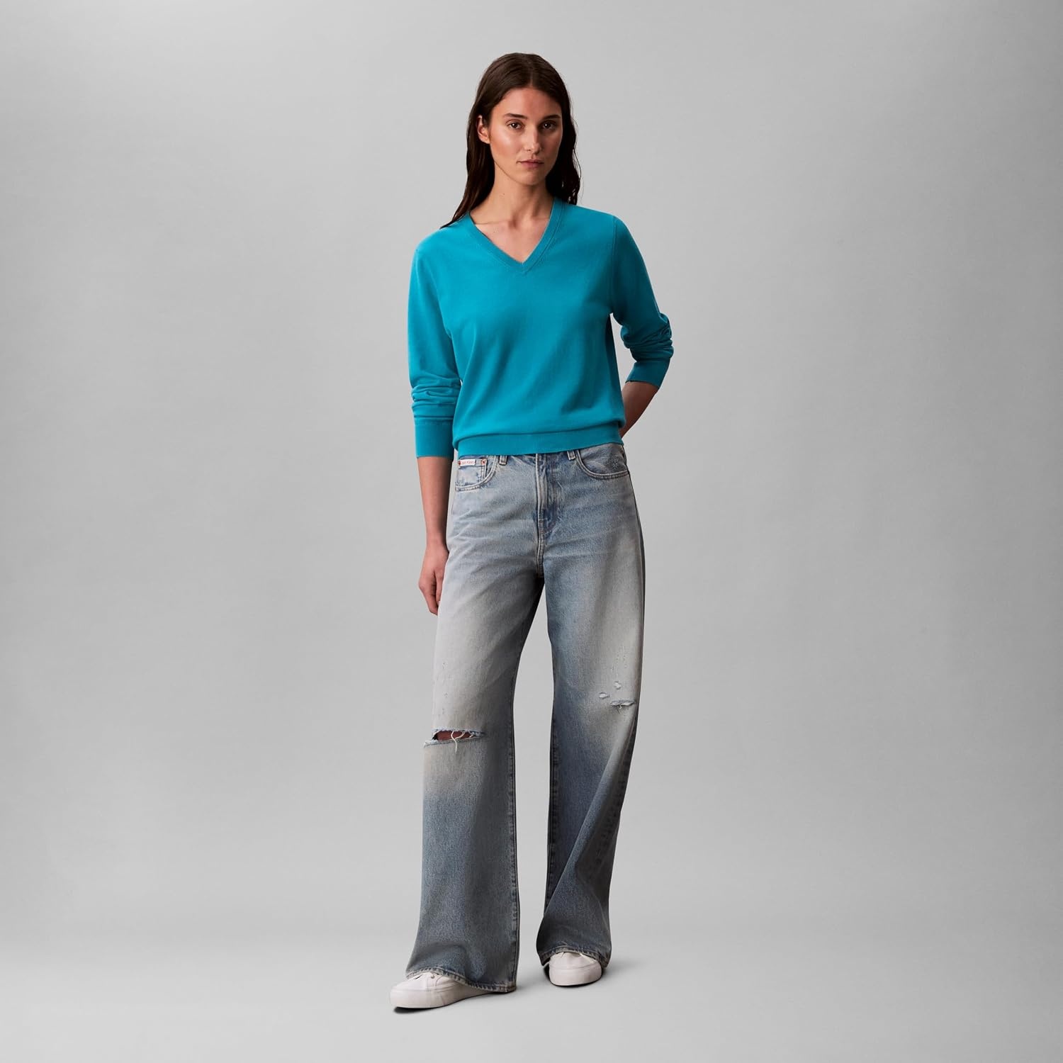 image:imageCalvin Klein Womens Monogram Logo VNeck SweaterTeal Slate