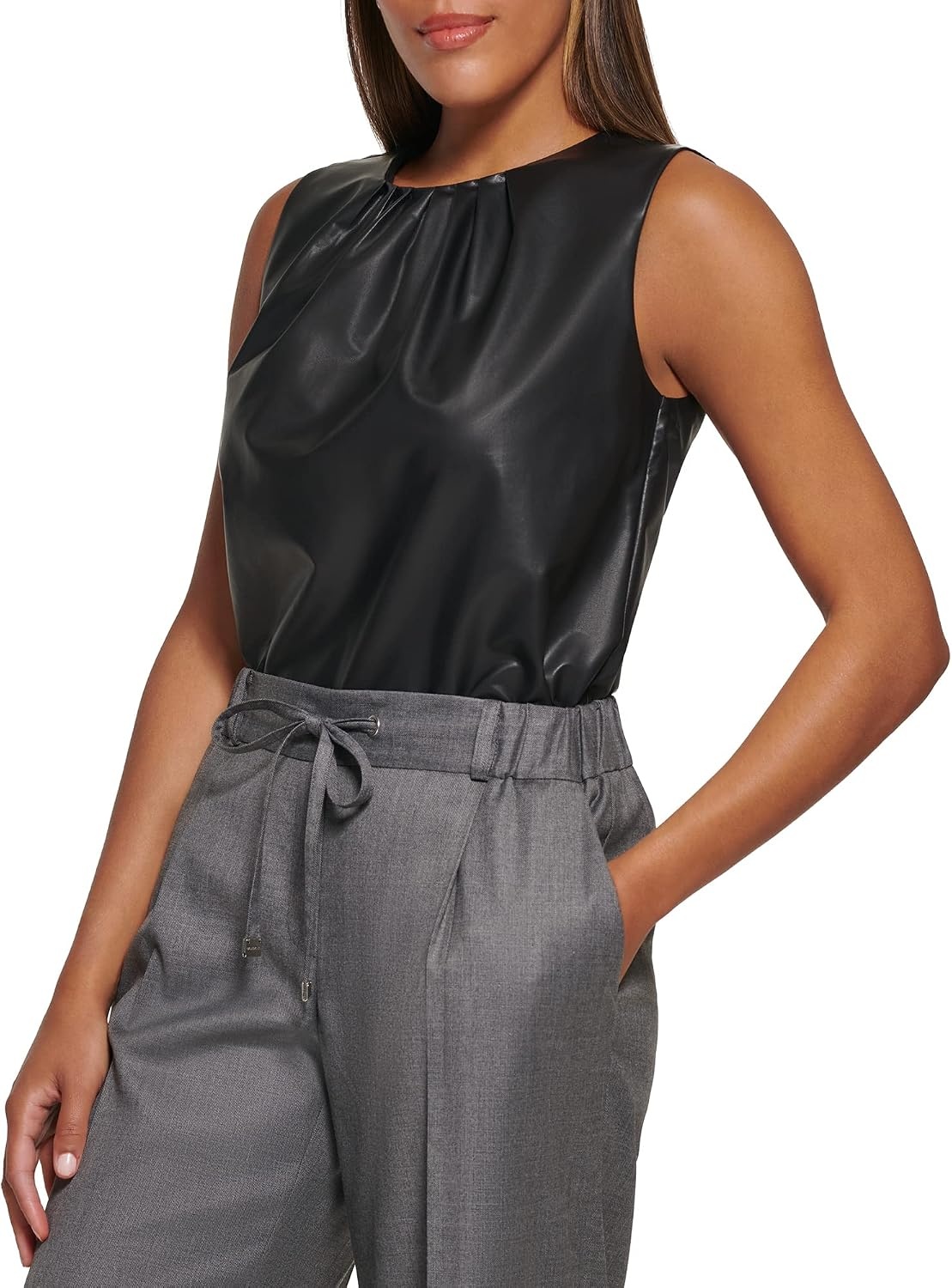image:imageCalvin Klein Womens Pleat Neck Sleeveless BlouseBlack