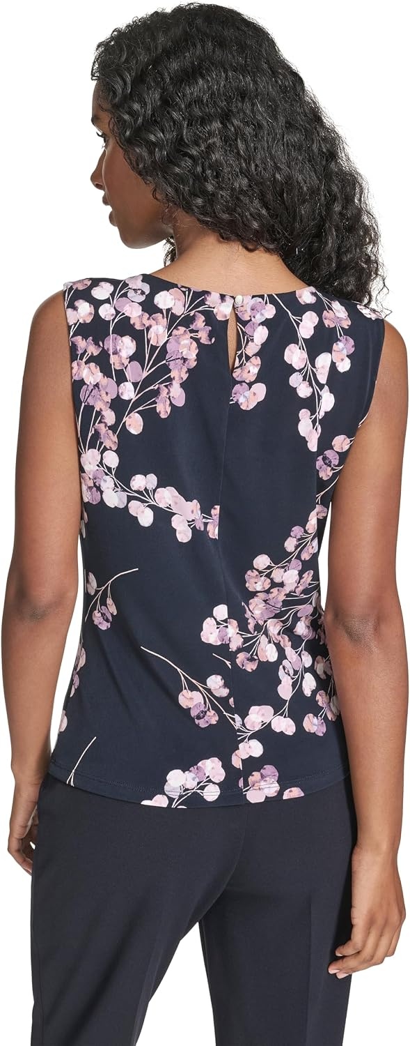 image:imageCalvin Klein Womens Pleat Neck Sleeveless BlouseNavyCream Multi