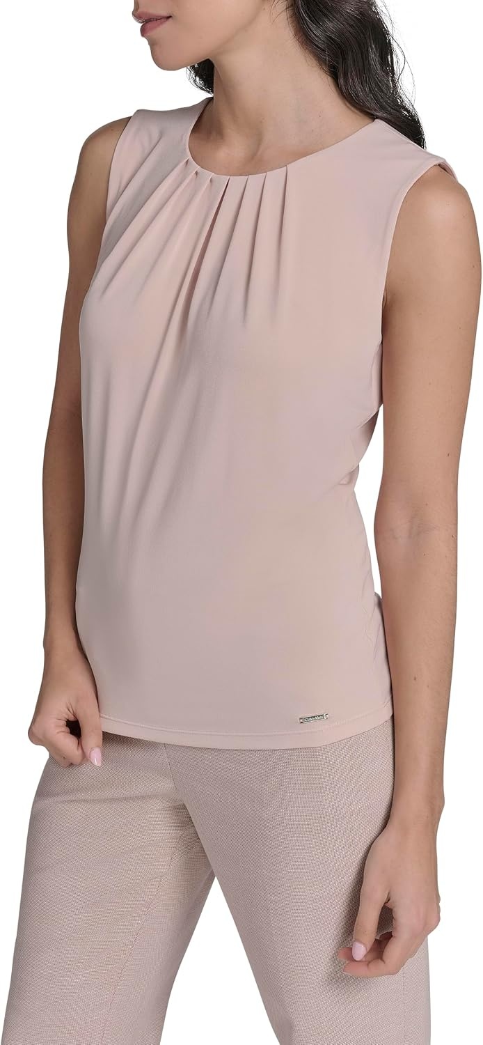 image:imageCalvin Klein Womens Pleat Neck Sleeveless BlousePink Pepper