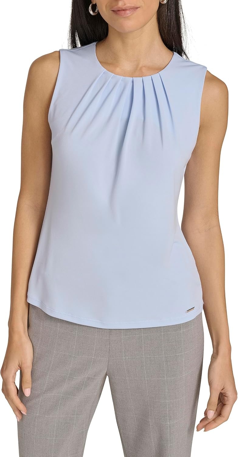image:imageCalvin Klein Womens Pleat Neck Sleeveless BlouseSky
