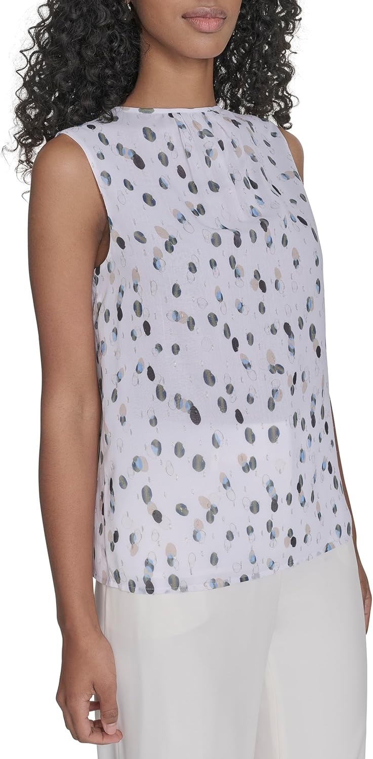 image:imageCalvin Klein Womens Pleat Neck Sleeveless BlouseWhite Multi