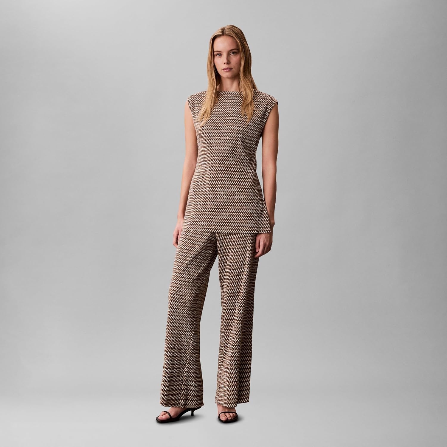 image:imageCalvin Klein Womens Printed Plisse Wide Leg PantsBrown Ladder Print