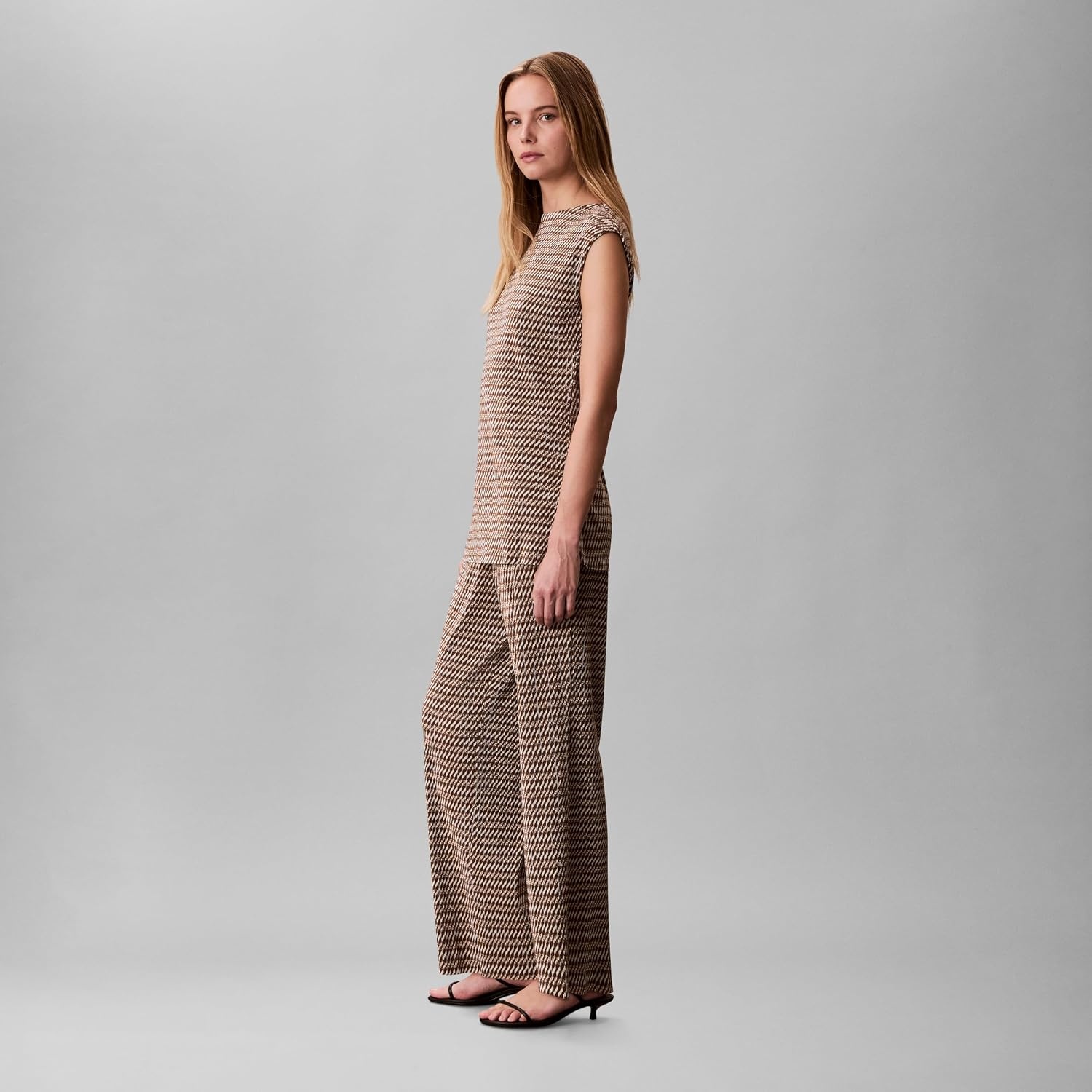 image:imageCalvin Klein Womens Printed Plisse Wide Leg PantsBrown Ladder Print