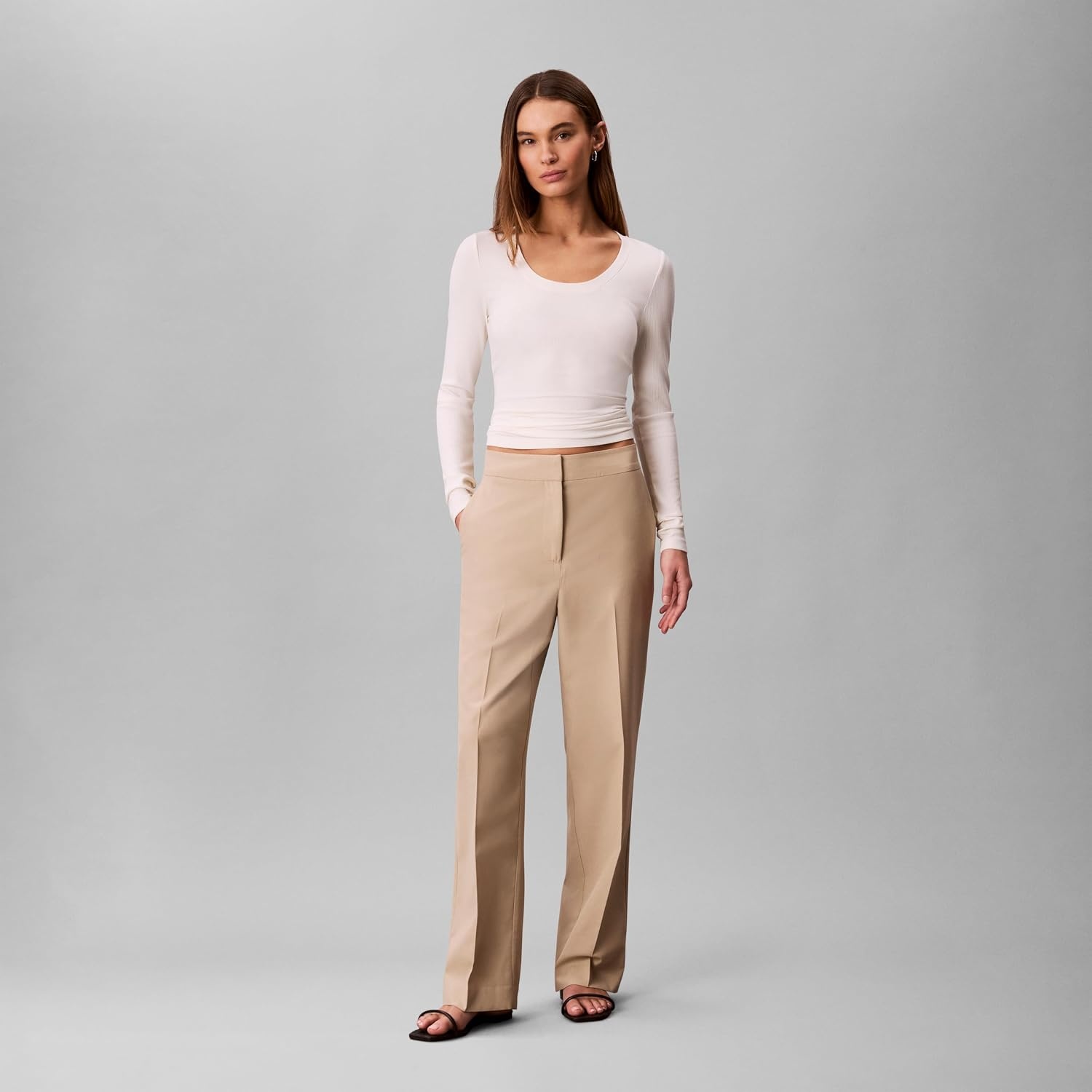 image:imageCalvin Klein Womens Stretch Flannel Slim Straight PantsWhite Pepper