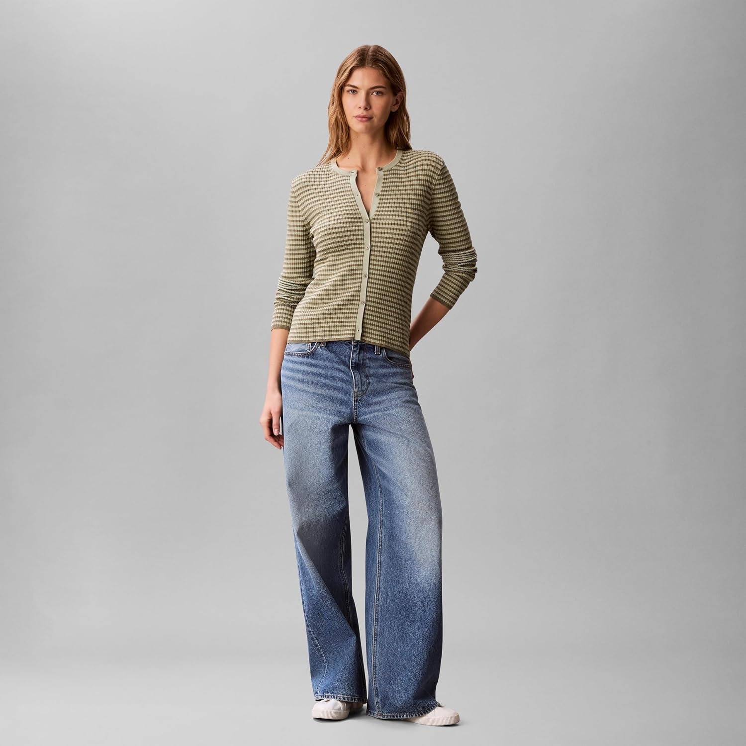image:imageCalvin Klein Womens Striped Cotton Rayon Long Sleeve TopDeep Lichen Green