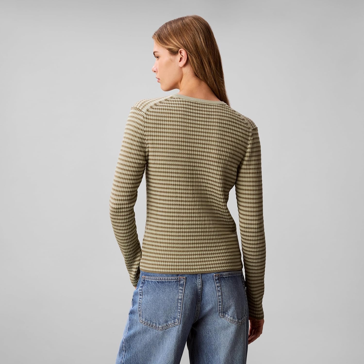 image:imageCalvin Klein Womens Striped Cotton Rayon Long Sleeve TopDeep Lichen Green
