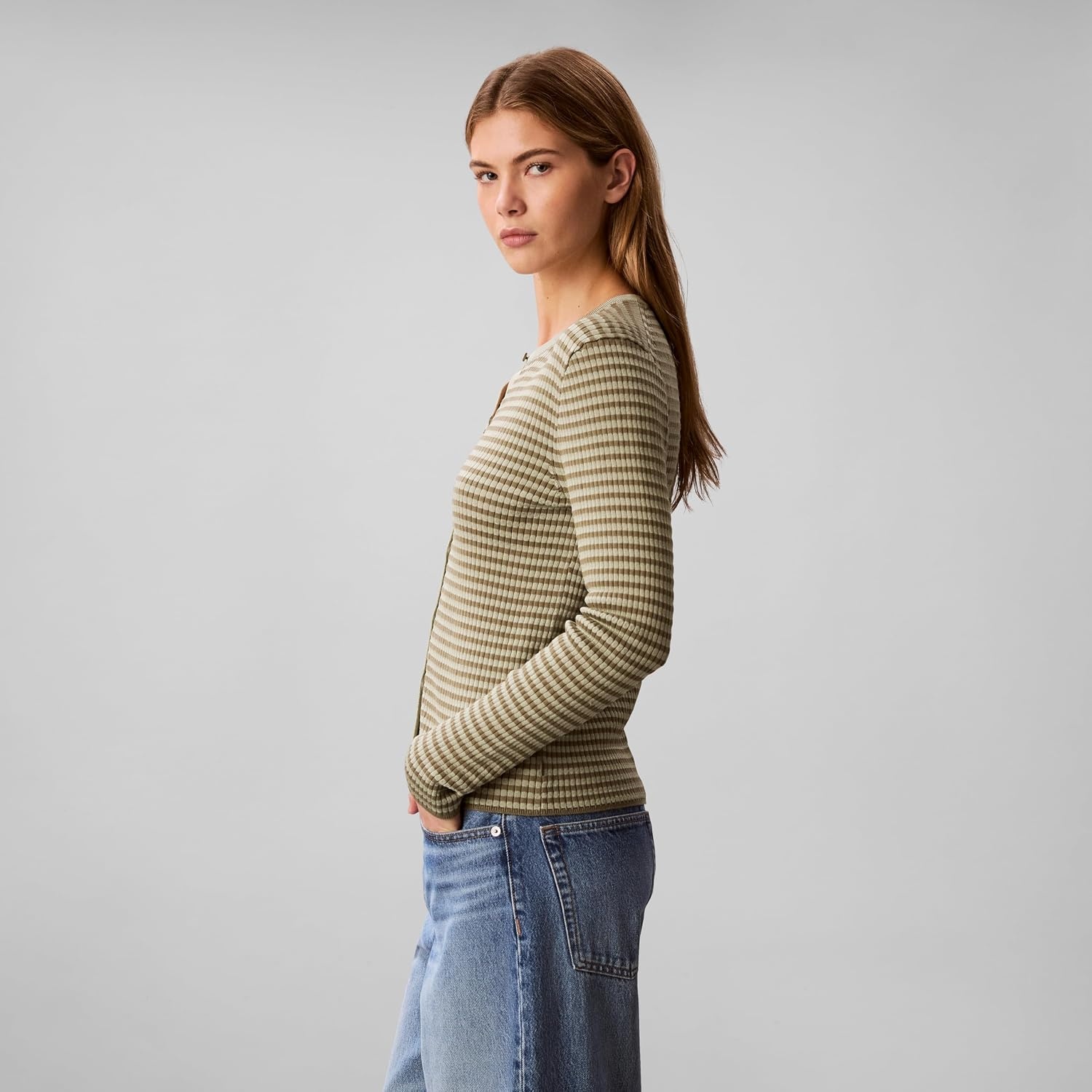 image:imageCalvin Klein Womens Striped Cotton Rayon Long Sleeve TopDeep Lichen Green