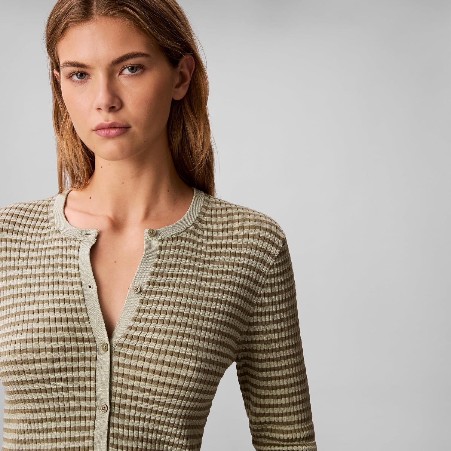 image:imageCalvin Klein Womens Striped Cotton Rayon Long Sleeve TopDeep Lichen Green