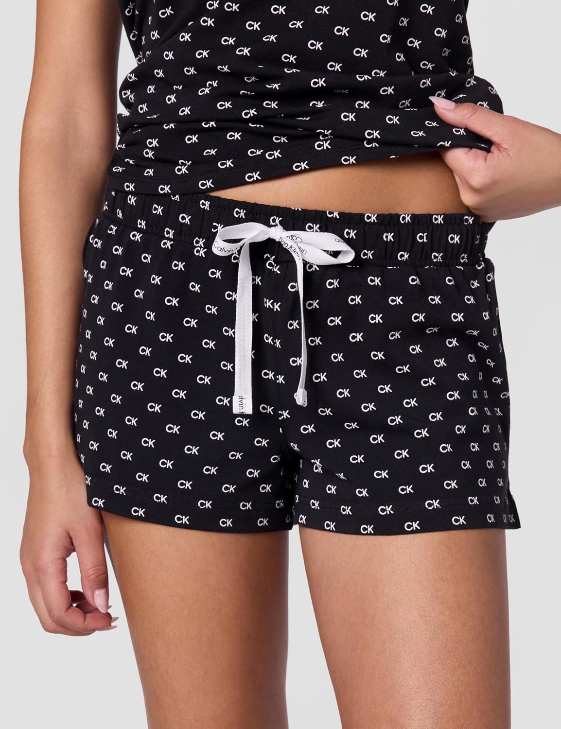 image:imageCalvin Klein Womens Tank Top and Boxer Short Pajama SetBlack W White Allover Ck Logo