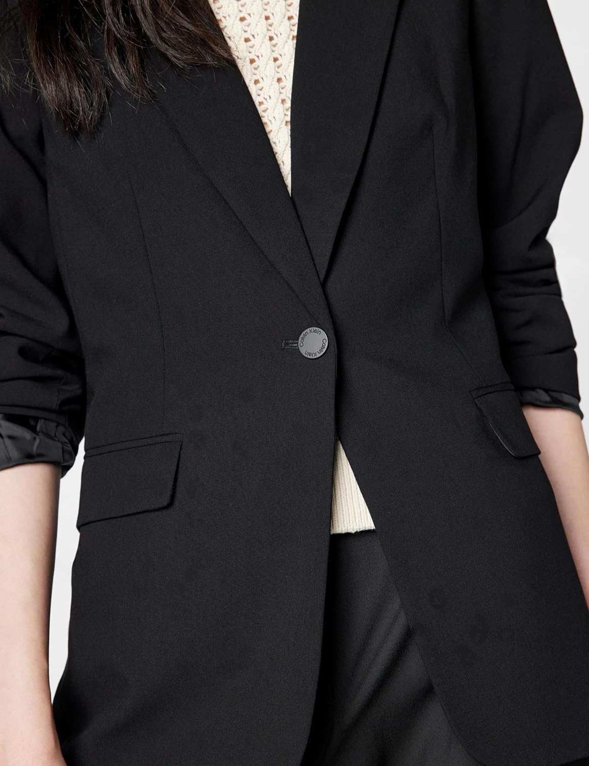 image:imageCalvin Klein Womens Two Button Lux Blazer Petite Standard amp PlusBlack Night