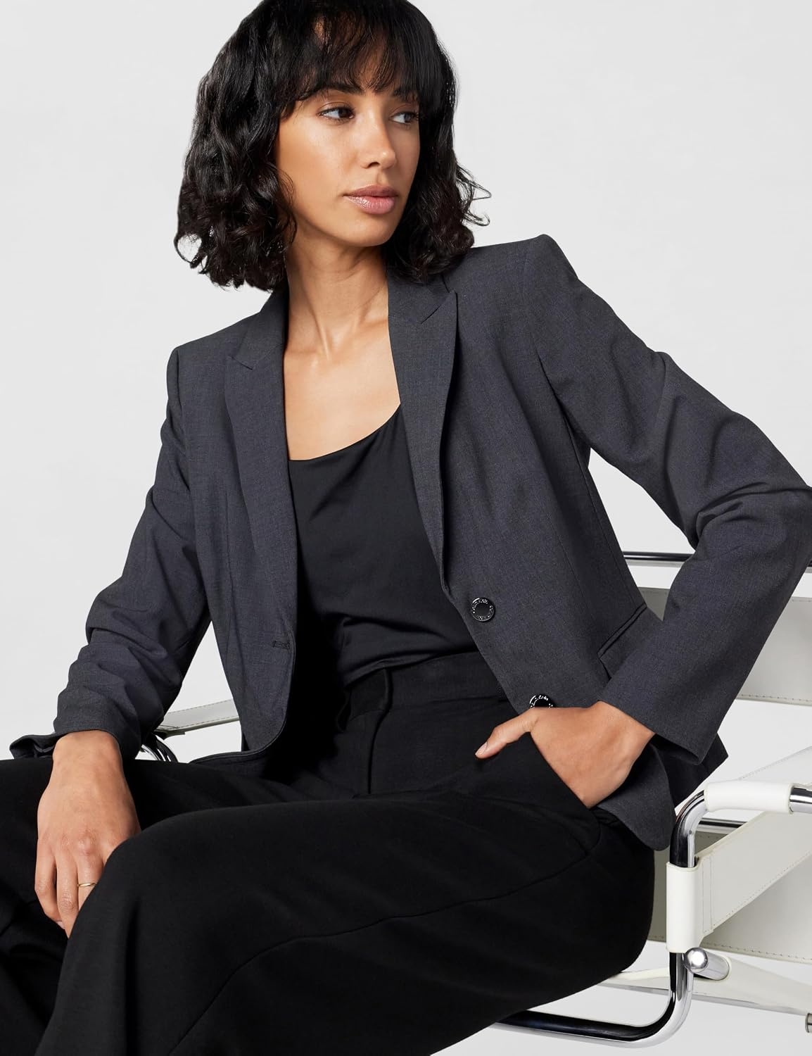 image:imageCalvin Klein Womens Two Button Lux Blazer Petite Standard amp PlusCharcoal