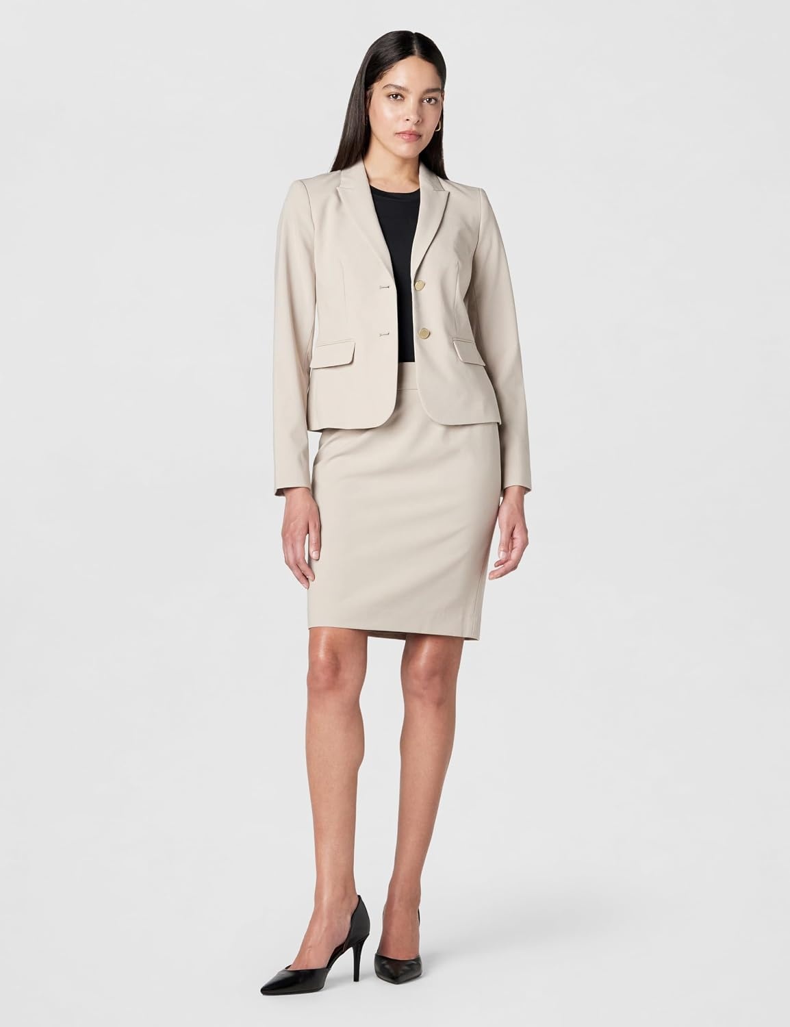 image:imageCalvin Klein Womens Two Button Lux Blazer Petite Standard amp PlusKhaki