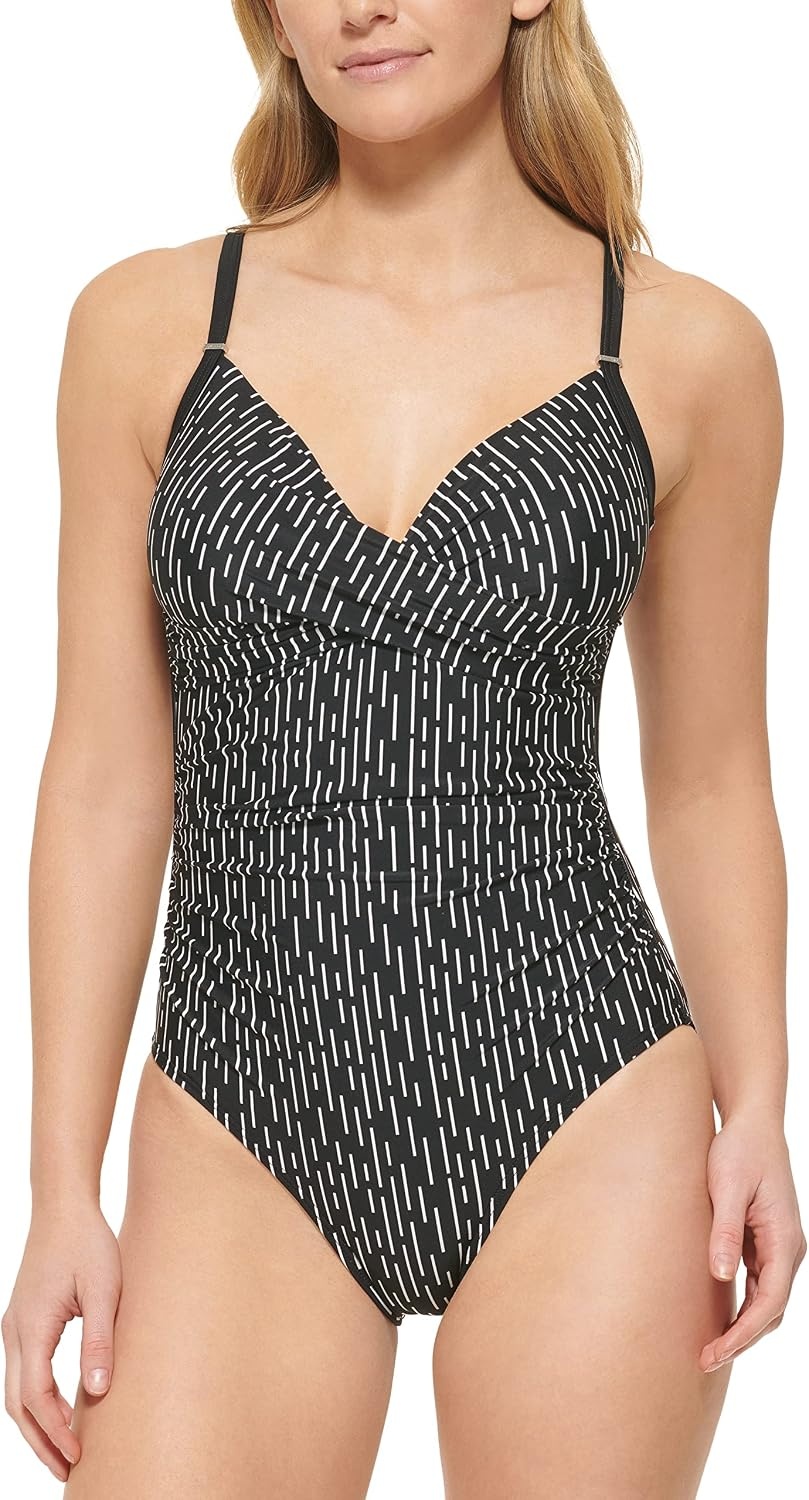 image:imageCalvin Klein Womens VNeck Twist Front Tummy Control One Piece SwimsuitBlack Morse Stripe
