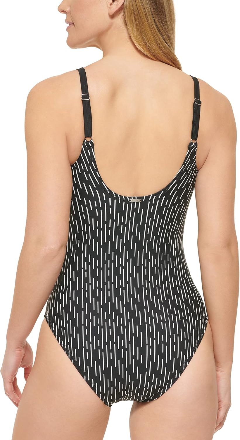 image:imageCalvin Klein Womens VNeck Twist Front Tummy Control One Piece SwimsuitBlack Morse Stripe