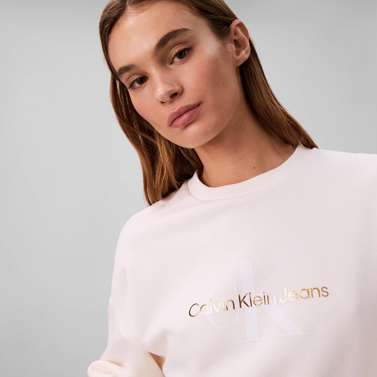 image:imageCalvin Klein womens Monogram Logo CrewneckWhite Greige