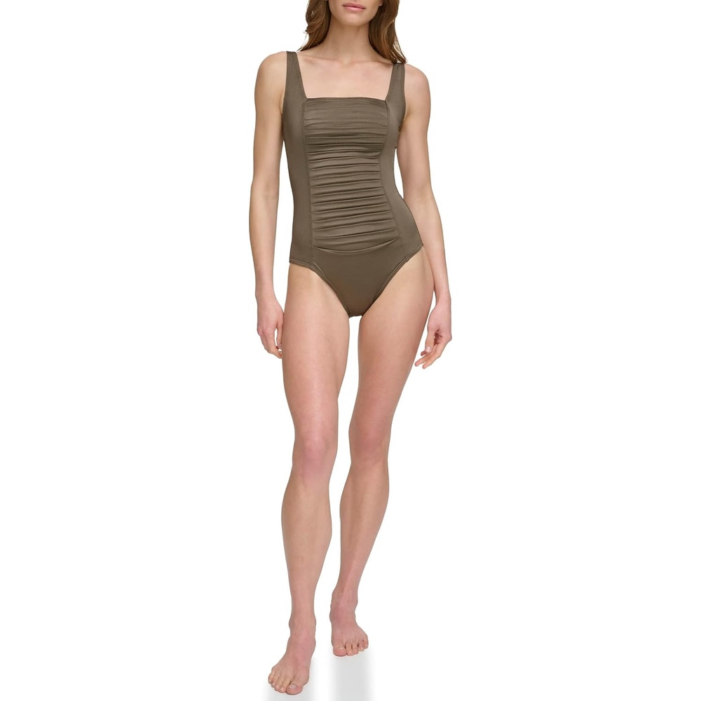 image:imageCalvin Klein Womens Full Coverage Pleated Panel One Piece SwimsuitBronze