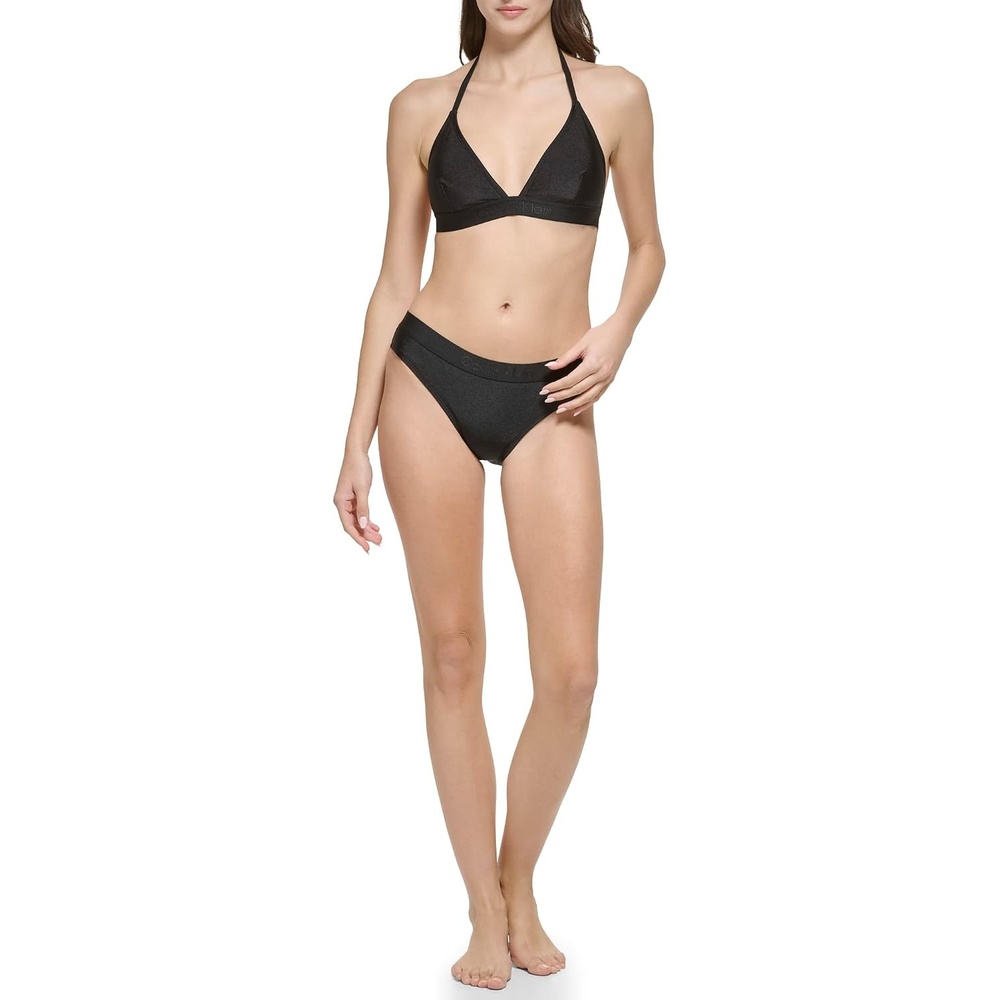 image:imageCalvin Klein Womens Low Waisted Elastic Logo Triangle Bikini SetBlack Shimmer