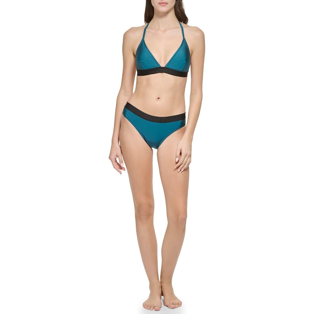 image:imageCalvin Klein Womens Low Waisted Elastic Logo Triangle Bikini SetCypress Shimmer