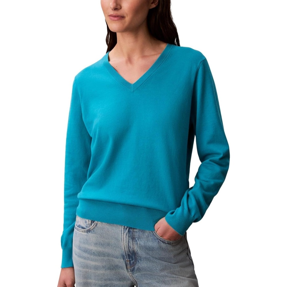 image:imageCalvin Klein Womens Monogram Logo VNeck SweaterTeal Slate