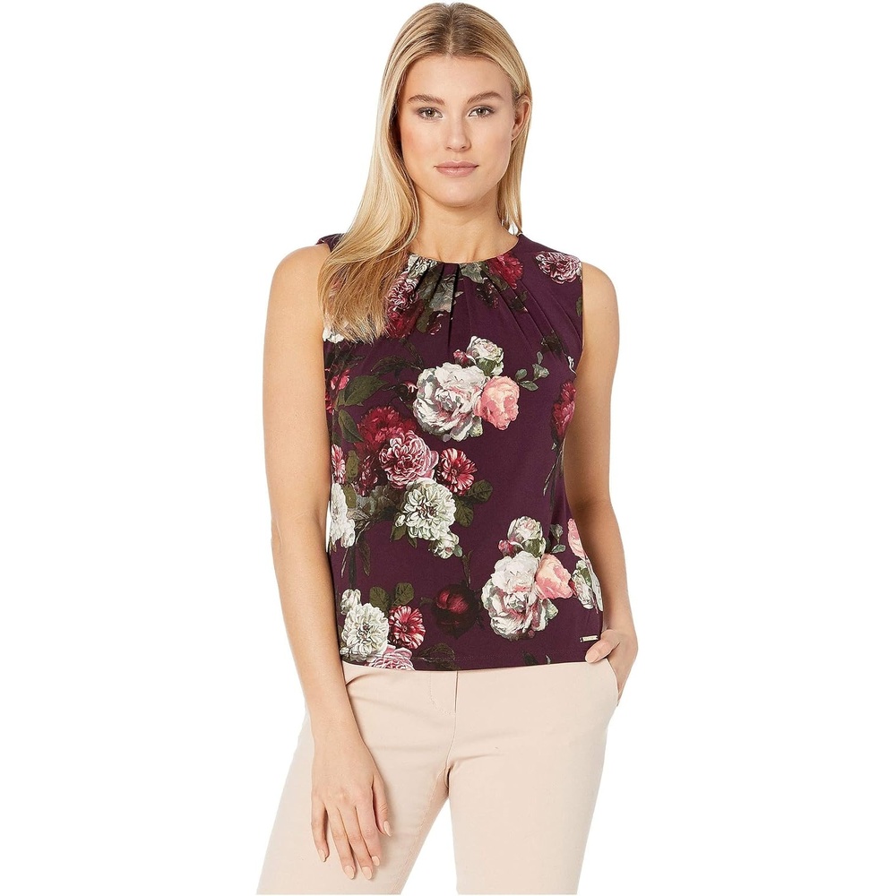 image:imageCalvin Klein Womens Pleat Neck Sleeveless BlouseAubergine Multi